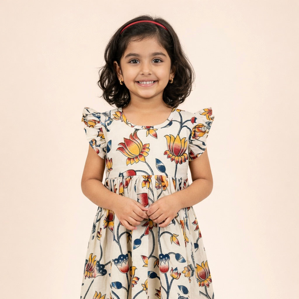 Floral Kalamkari Cotton Knee-Length Frock for Girls