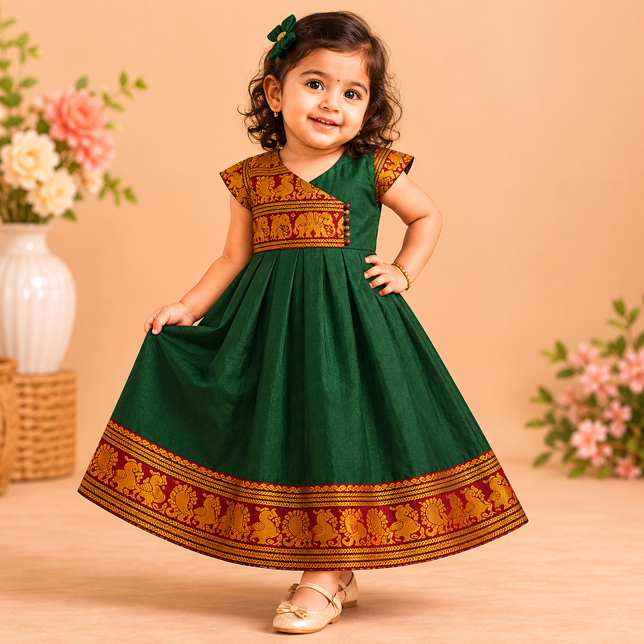 Green Narayanpet Cotton Festival Wear Frock