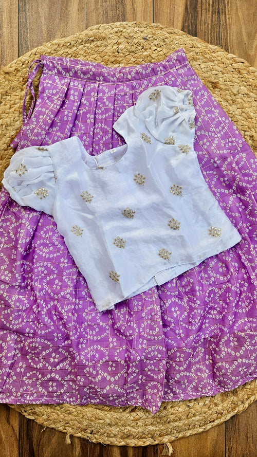 Girls Festive White Space Silk Top with Lavender Bandhini Chanderi Skirt