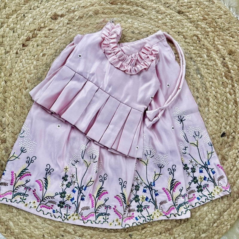 Floral Embroidered Baby Pink Kia Silk Lehenga Set