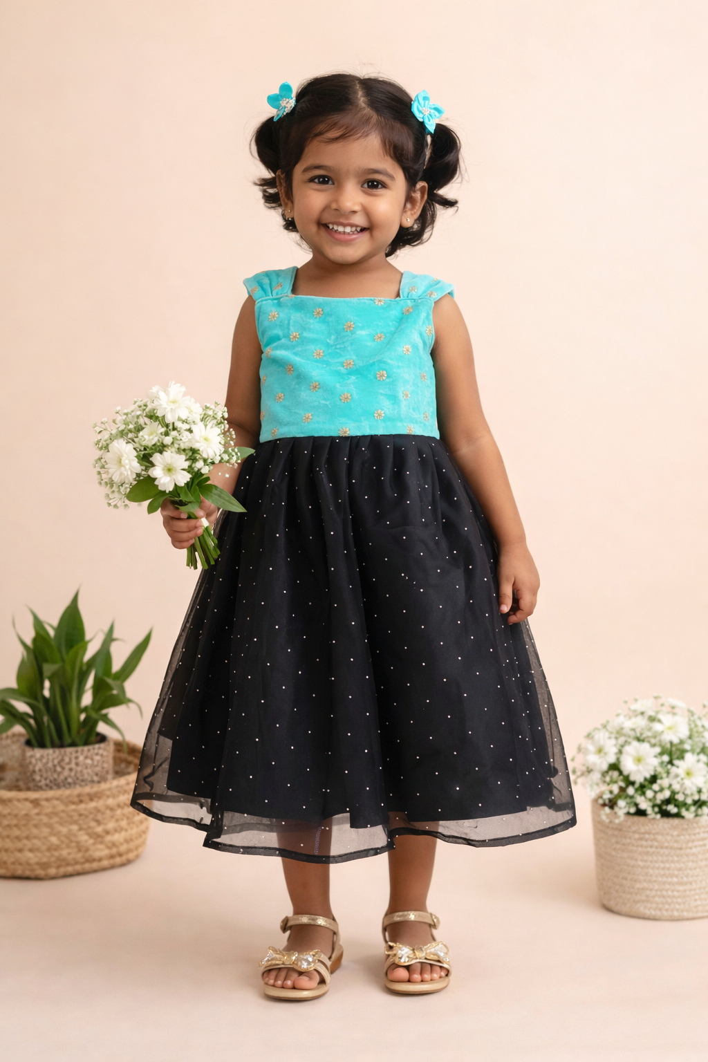 Elegant Green Velvet and Black Organza Party Dress for Baby Girls