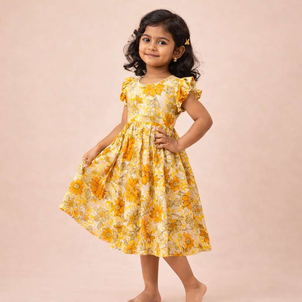 Yellow Floral Flutter Sleeve Frock for Baby Girls