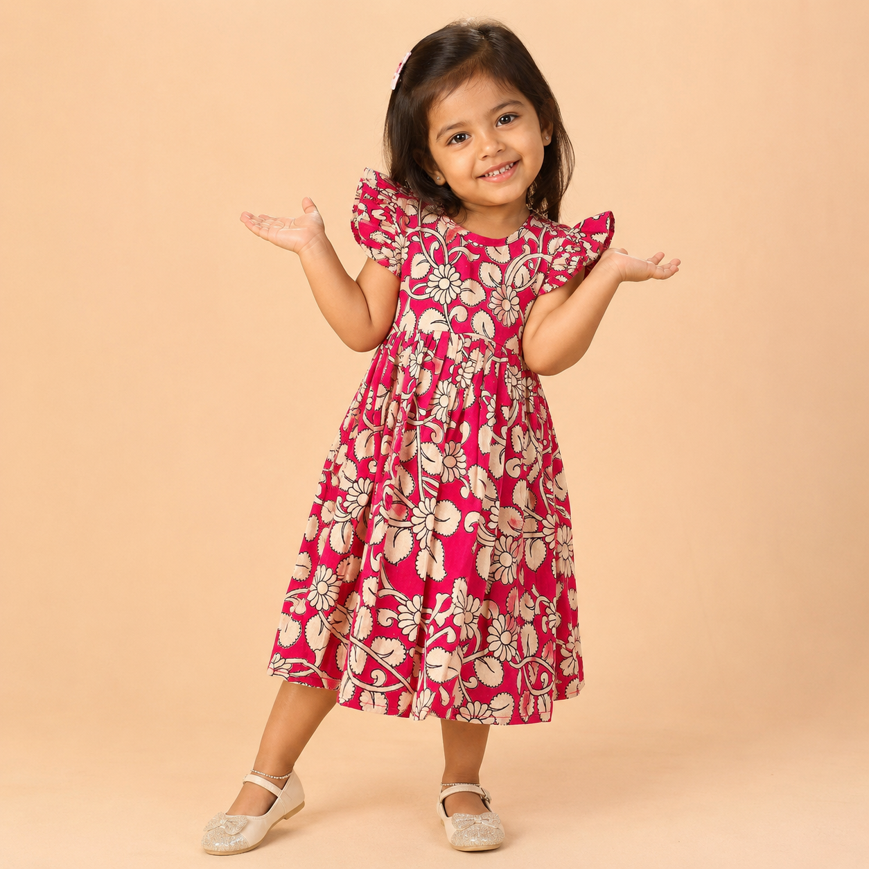 Pink Floral Kalamkari Cotton Frock for Girls