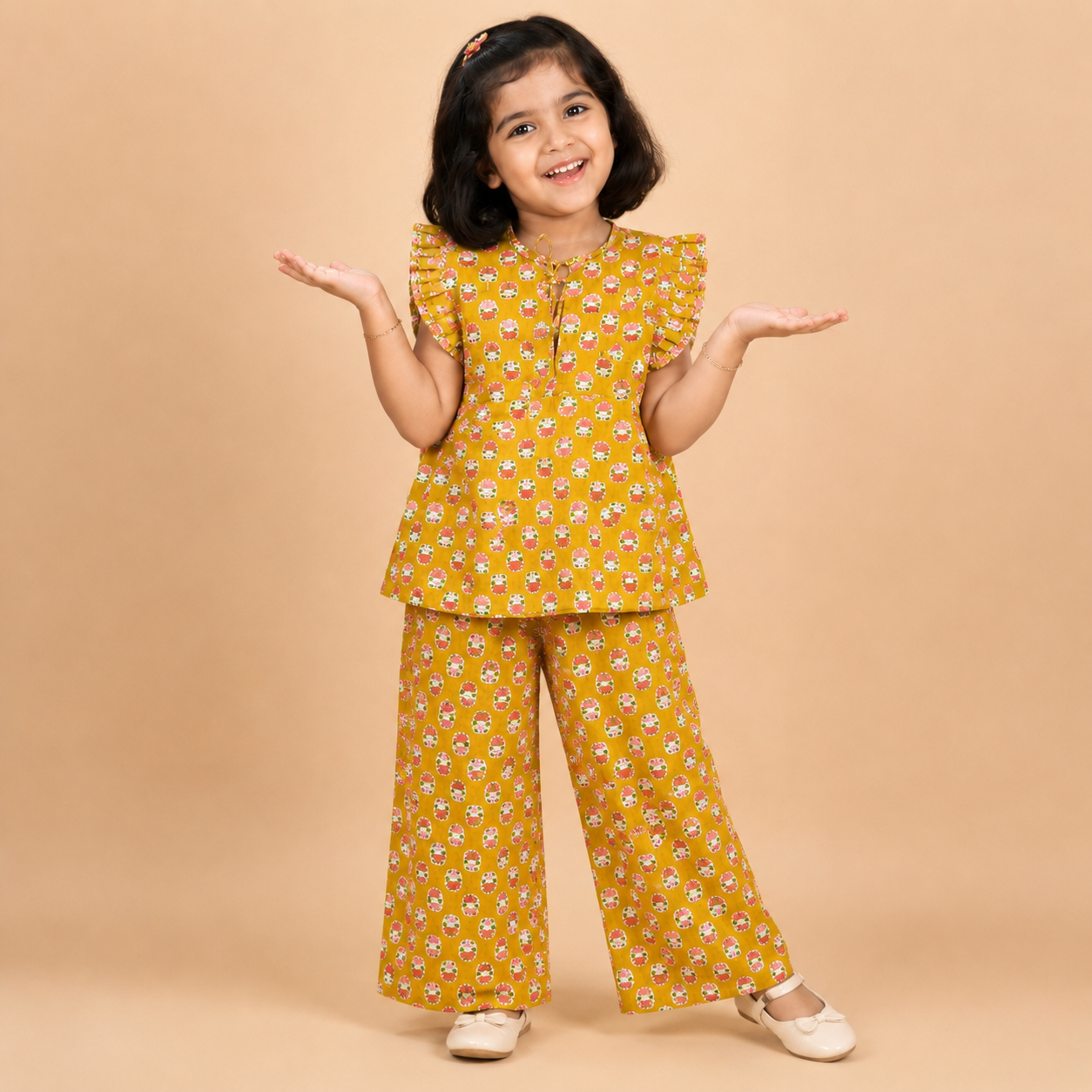 Girls Floral Printed Cotton Co-Ord Set in Mustard Yellow