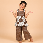 Girls Brown Rayon Co-Ord Set with Floral Tunic and Palazzo Pants