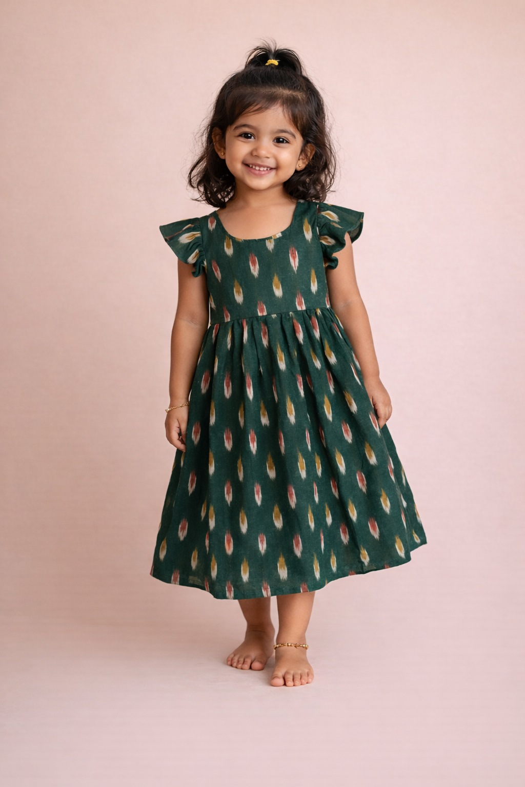 Girls Green Ikat Cotton Flutter Sleeve Frock