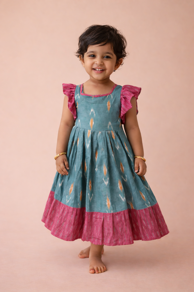 Girls Blue Ikat Cotton Frock with Flutter Sleeves