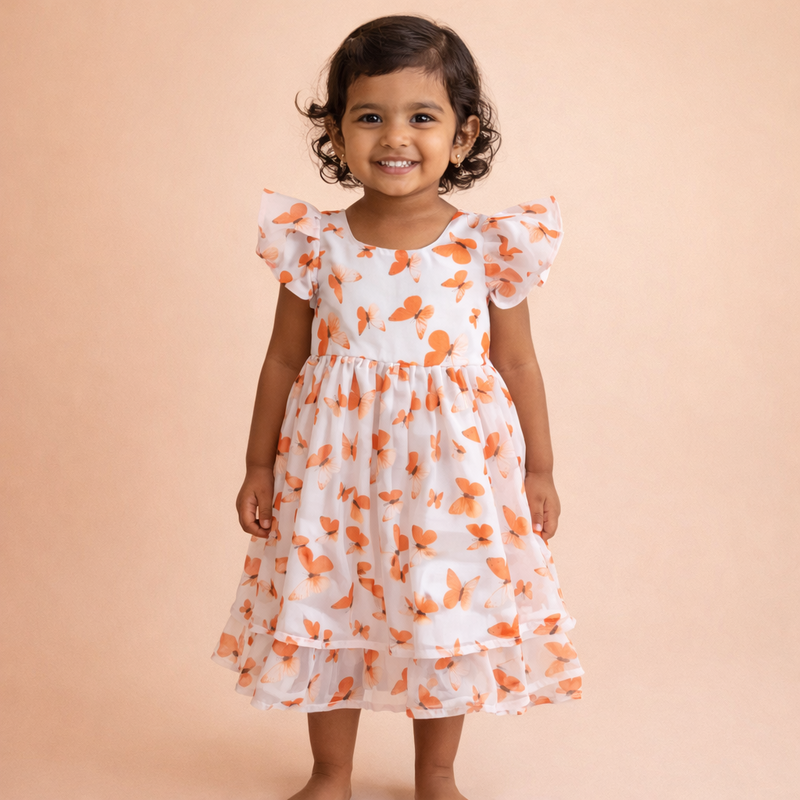 Girls Orange Butterfly Georgette Dress