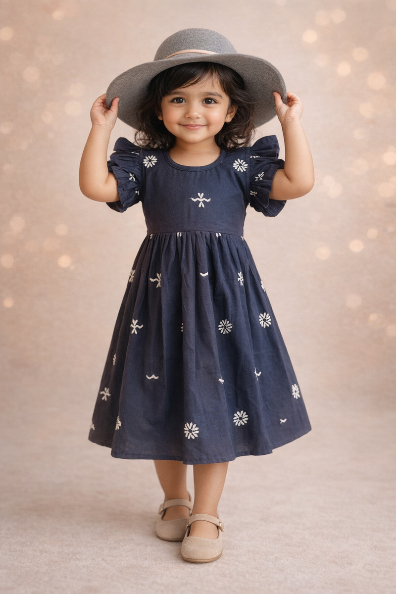 Black Cotton Embroidered Kids Frock