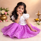 Girls Festive White Space Silk Top with Lavender Bandhini Chanderi Skirt