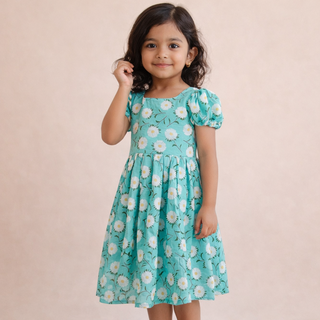 Mint Green Daisy Print Puff Sleeve Frock for Baby Girls