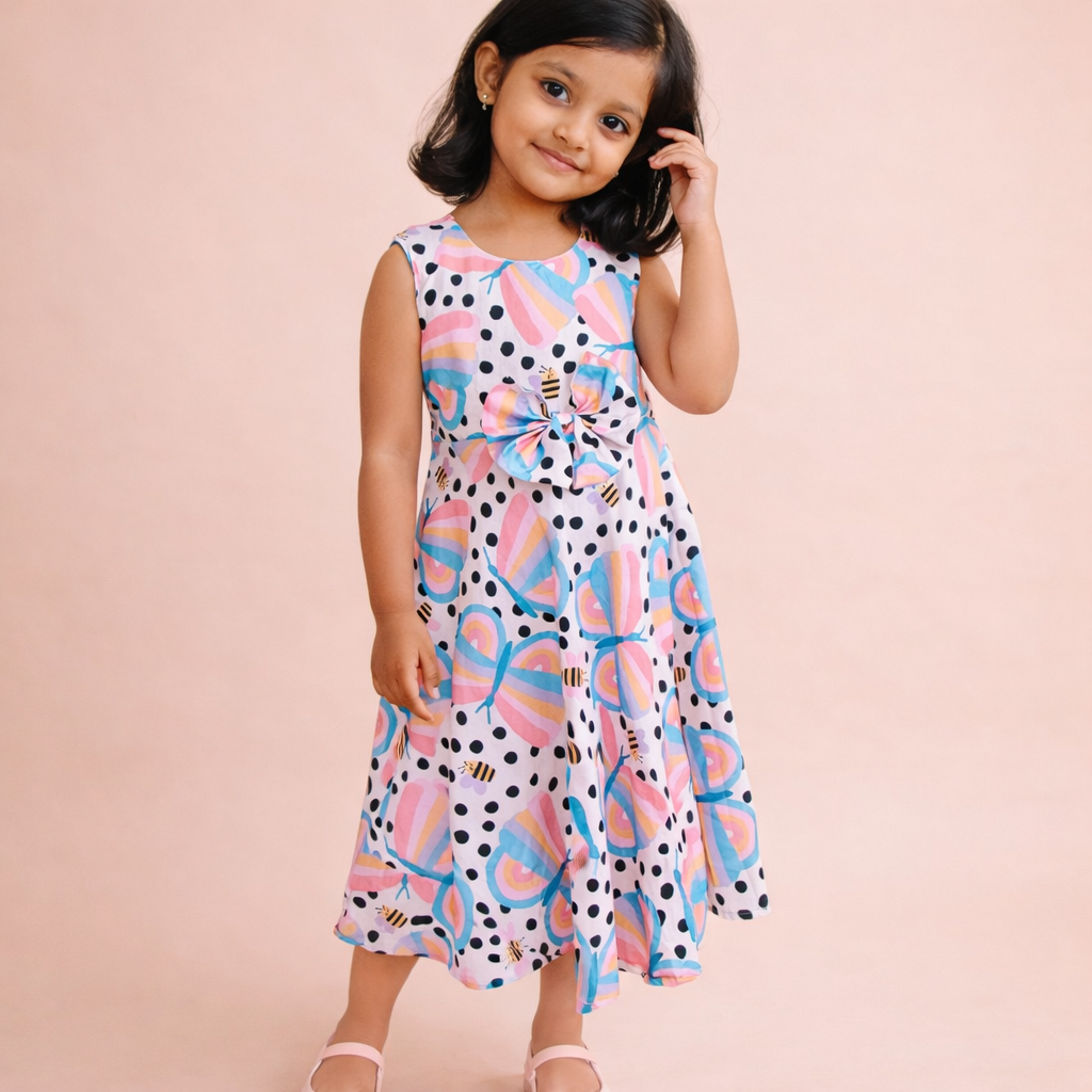 Polka Dot Butterfly Frock with Bow for Girls