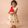 Girls Festive Cream Semi Raw Silk Frock with Embroidery