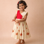 Girls Festive Cream Semi Raw Silk Frock with Embroidery