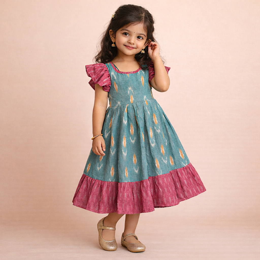 Girls Blue Ikat Cotton Frock with Flutter Sleeves