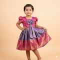 Purple & Pink Silk Brocade Baby Frock with Puff Sleeves
