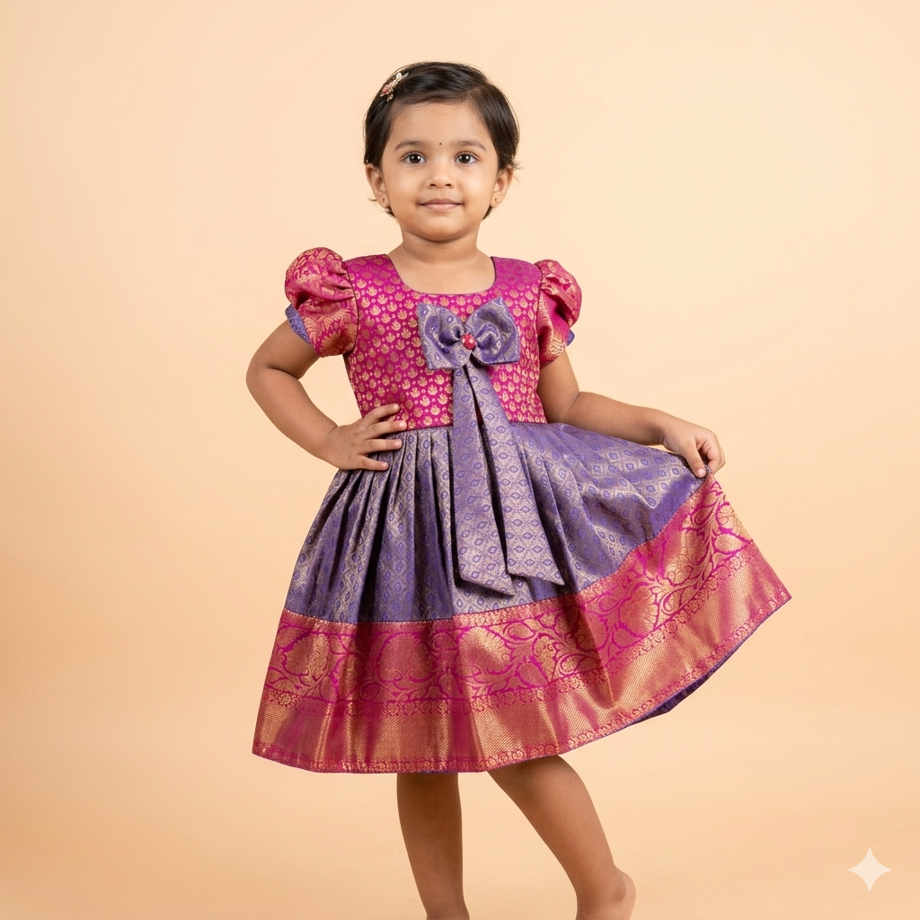 Purple & Pink Silk Brocade Baby Frock with Puff Sleeves