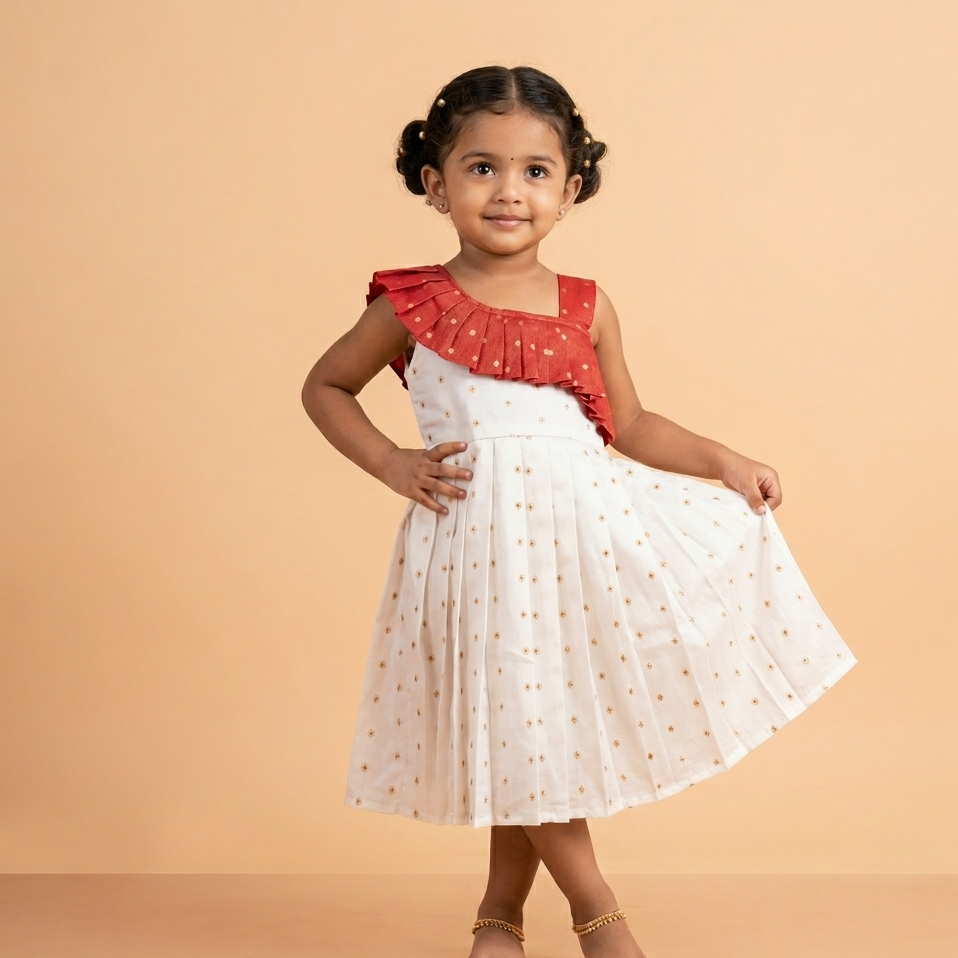 One-Shoulder Ruffle Flared Sleeveless Frock in White & Crimson Red