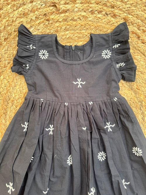 Black Cotton Embroidered Kids Frock