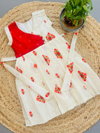 Girls Festive Cream Semi Raw Silk Frock with Embroidery