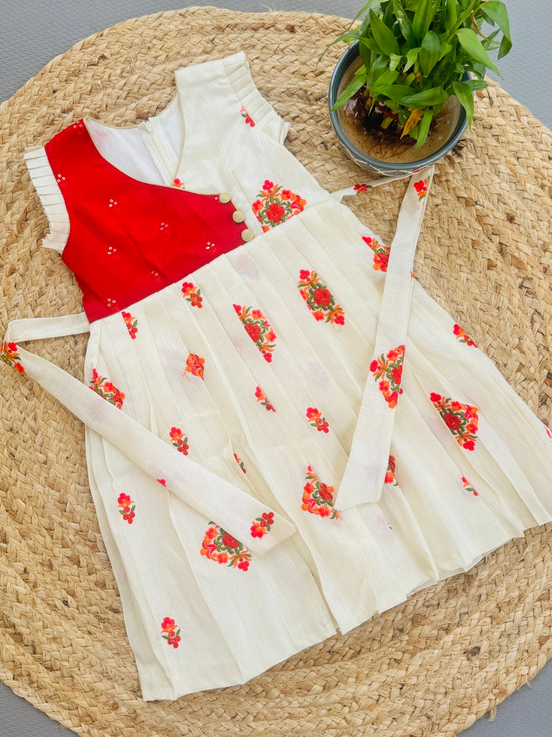 Girls Festive Cream Semi Raw Silk Frock with Embroidery