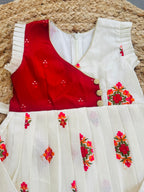 Girls Festive Cream Semi Raw Silk Frock with Embroidery
