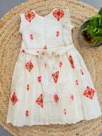 Girls Festive Cream Semi Raw Silk Frock with Embroidery