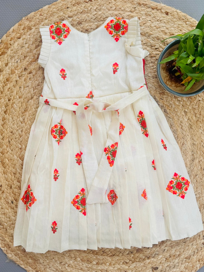 Girls Festive Cream Semi Raw Silk Frock with Embroidery