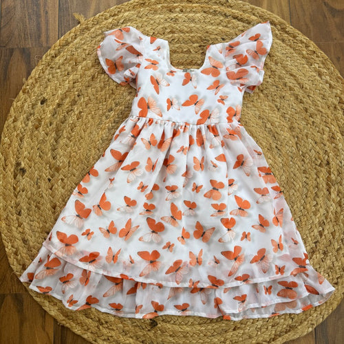 Girls Orange Butterfly Georgette Dress