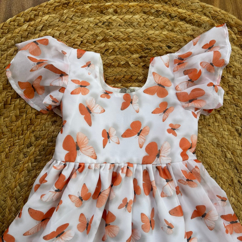 Girls Orange Butterfly Georgette Dress