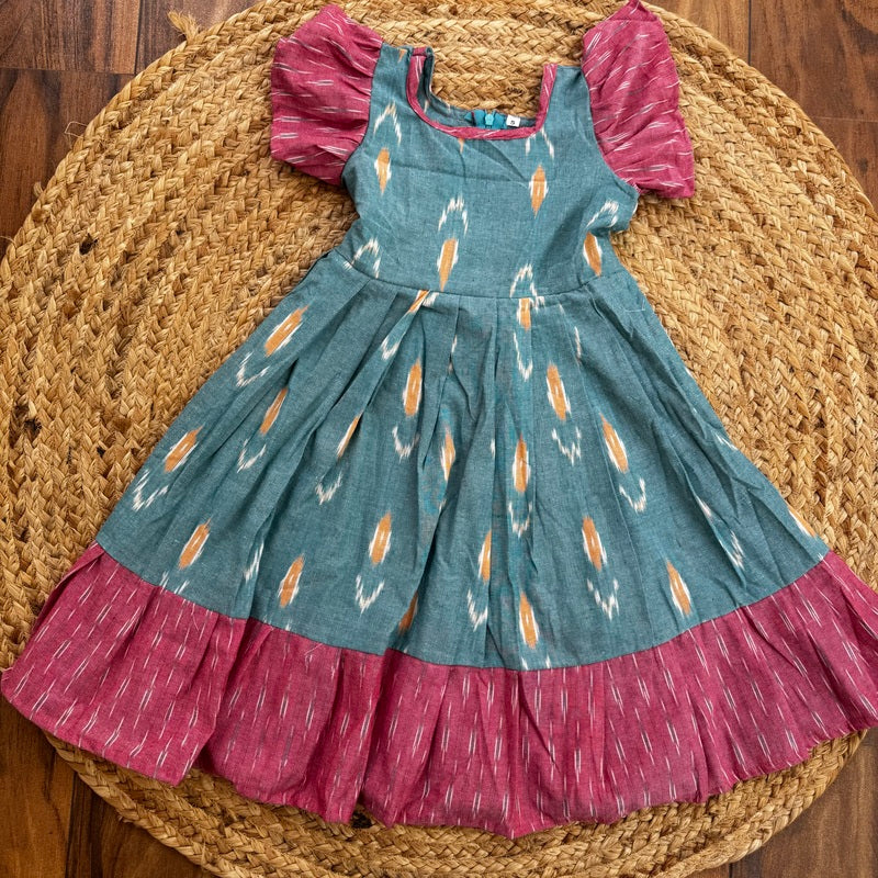 Girls Blue Ikat Cotton Frock with Flutter Sleeves