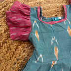 Girls Blue Ikat Cotton Frock with Flutter Sleeves