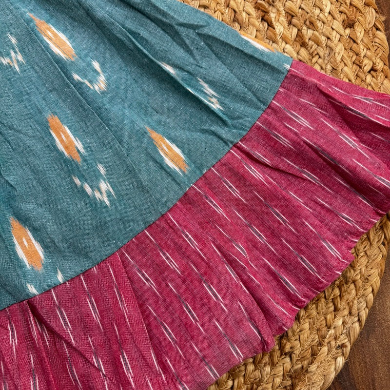 Girls Blue Ikat Cotton Frock with Flutter Sleeves