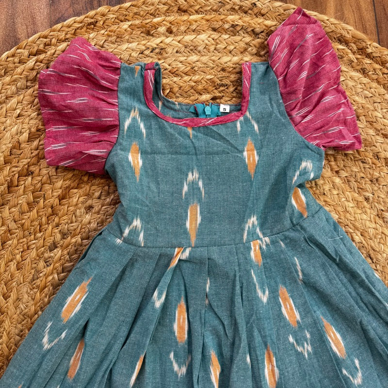 Girls Blue Ikat Cotton Frock with Flutter Sleeves