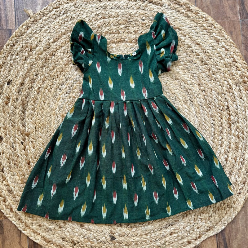 Girls Green Ikat Cotton Flutter Sleeve Frock