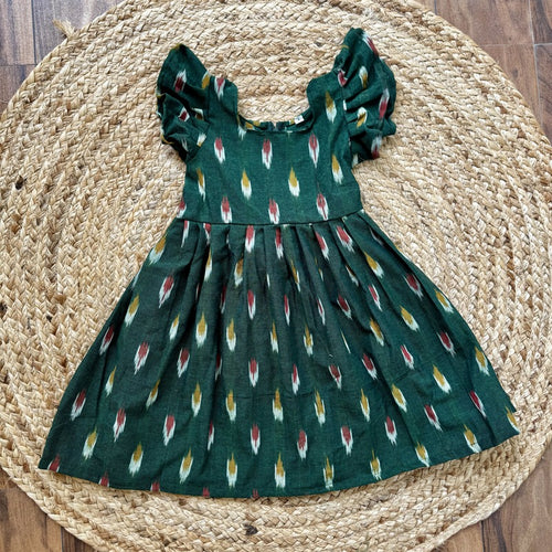 Girls Green Ikat Cotton Flutter Sleeve Frock