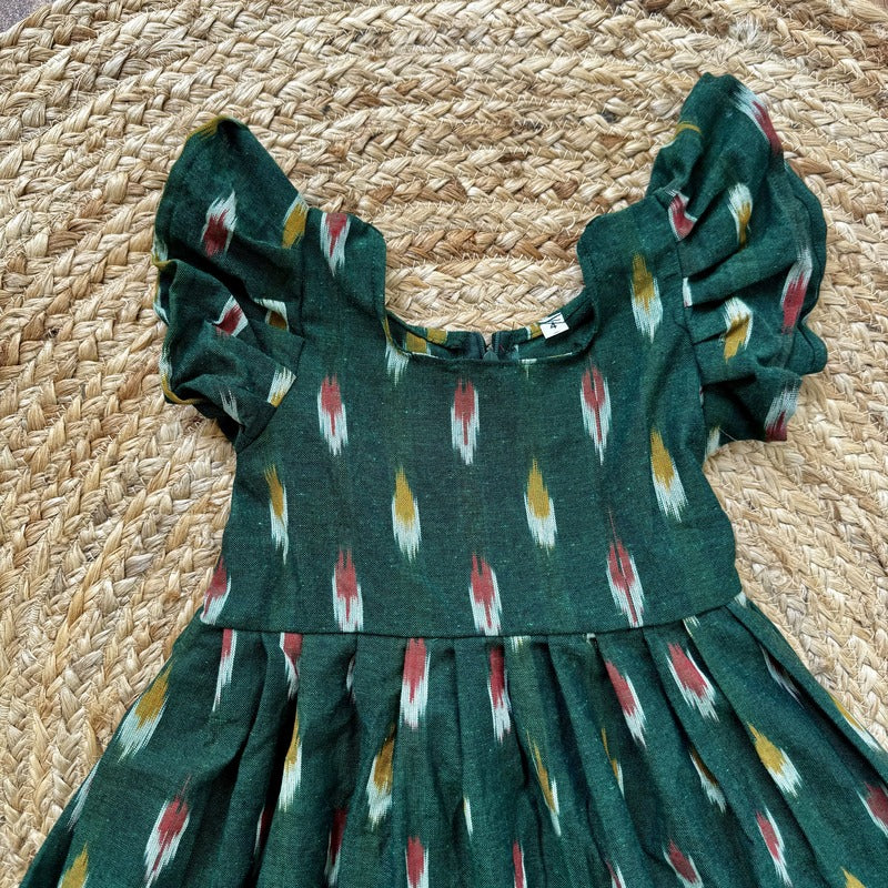 Girls Green Ikat Cotton Flutter Sleeve Frock