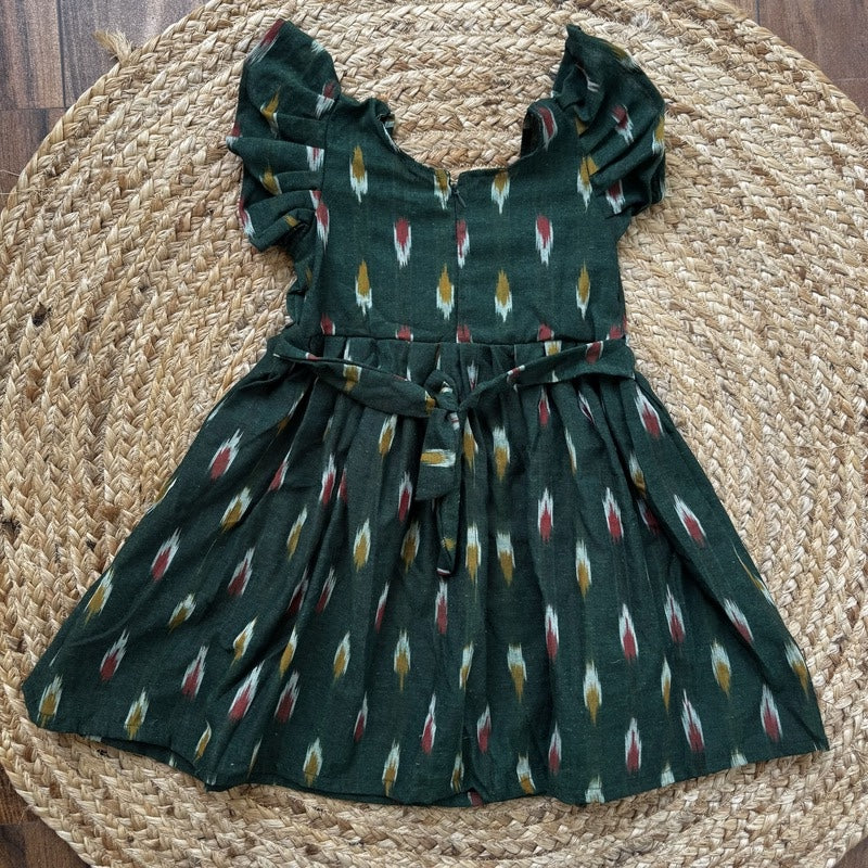 Girls Green Ikat Cotton Flutter Sleeve Frock