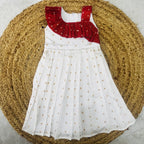 One-Shoulder Ruffle Flared Sleeveless Frock in White & Crimson Red