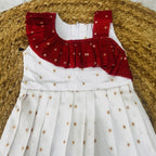 One-Shoulder Ruffle Flared Sleeveless Frock in White & Crimson Red