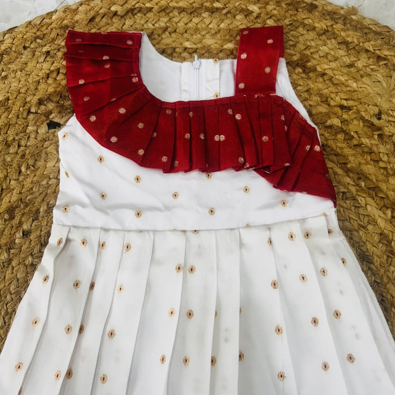 One-Shoulder Ruffle Flared Sleeveless Frock in White & Crimson Red