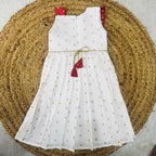 One-Shoulder Ruffle Flared Sleeveless Frock in White & Crimson Red