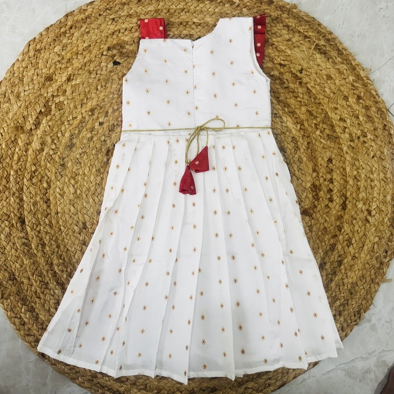 One-Shoulder Ruffle Flared Sleeveless Frock in White & Crimson Red