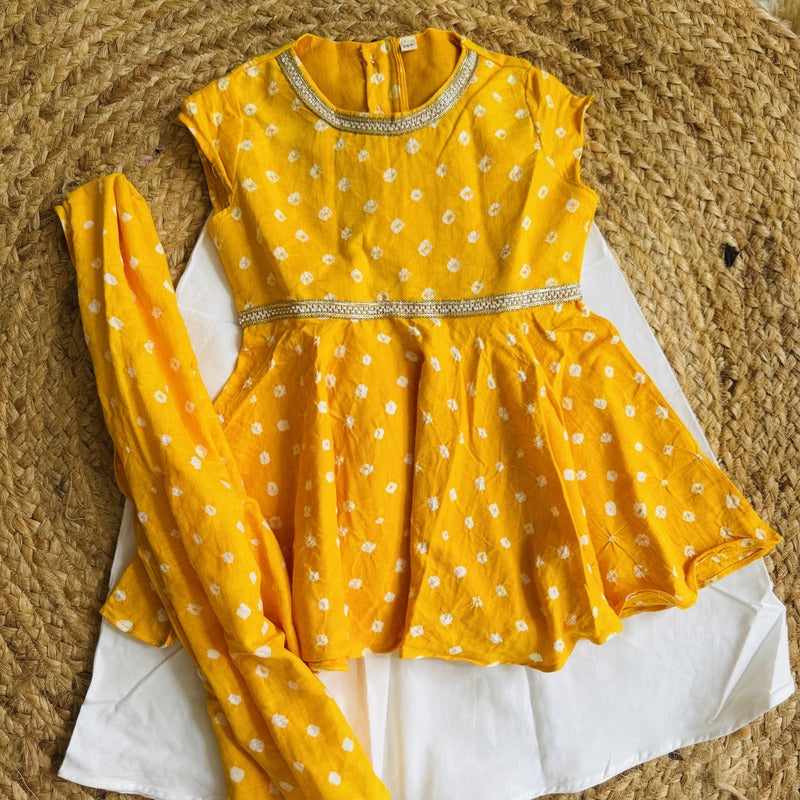 Yellow Cotton Bandhani Sharara Set for Baby Girls