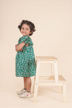 Green Floral Ruffle Sleeve Dress for Girls Everyday Cotton Wear
