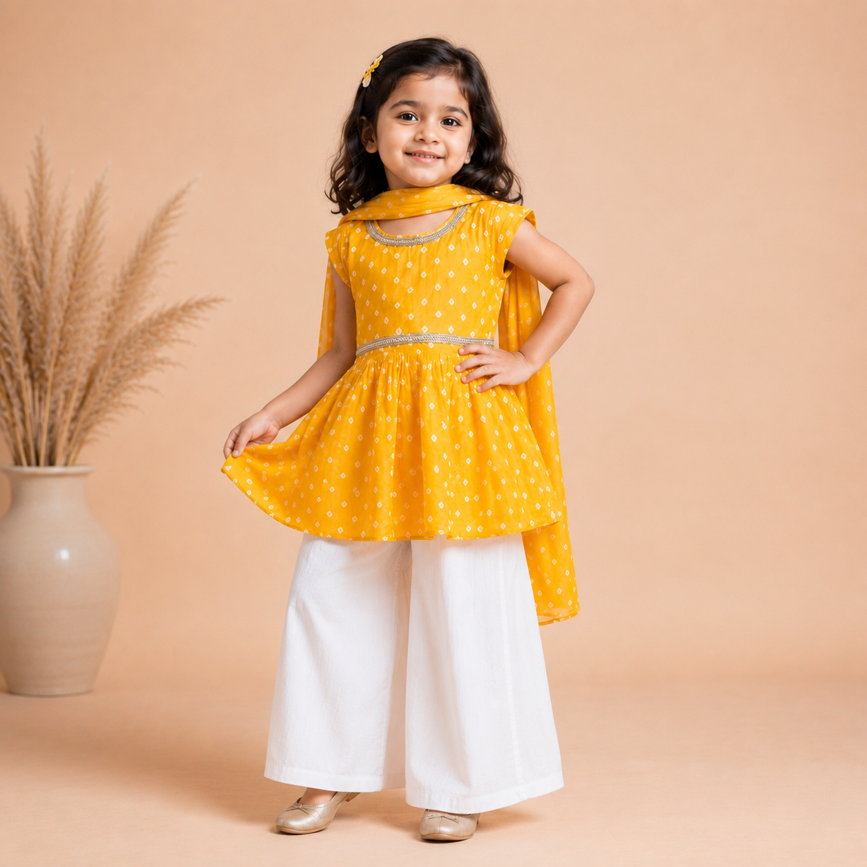 Yellow Cotton Bandhani Sharara Set for Baby Girls