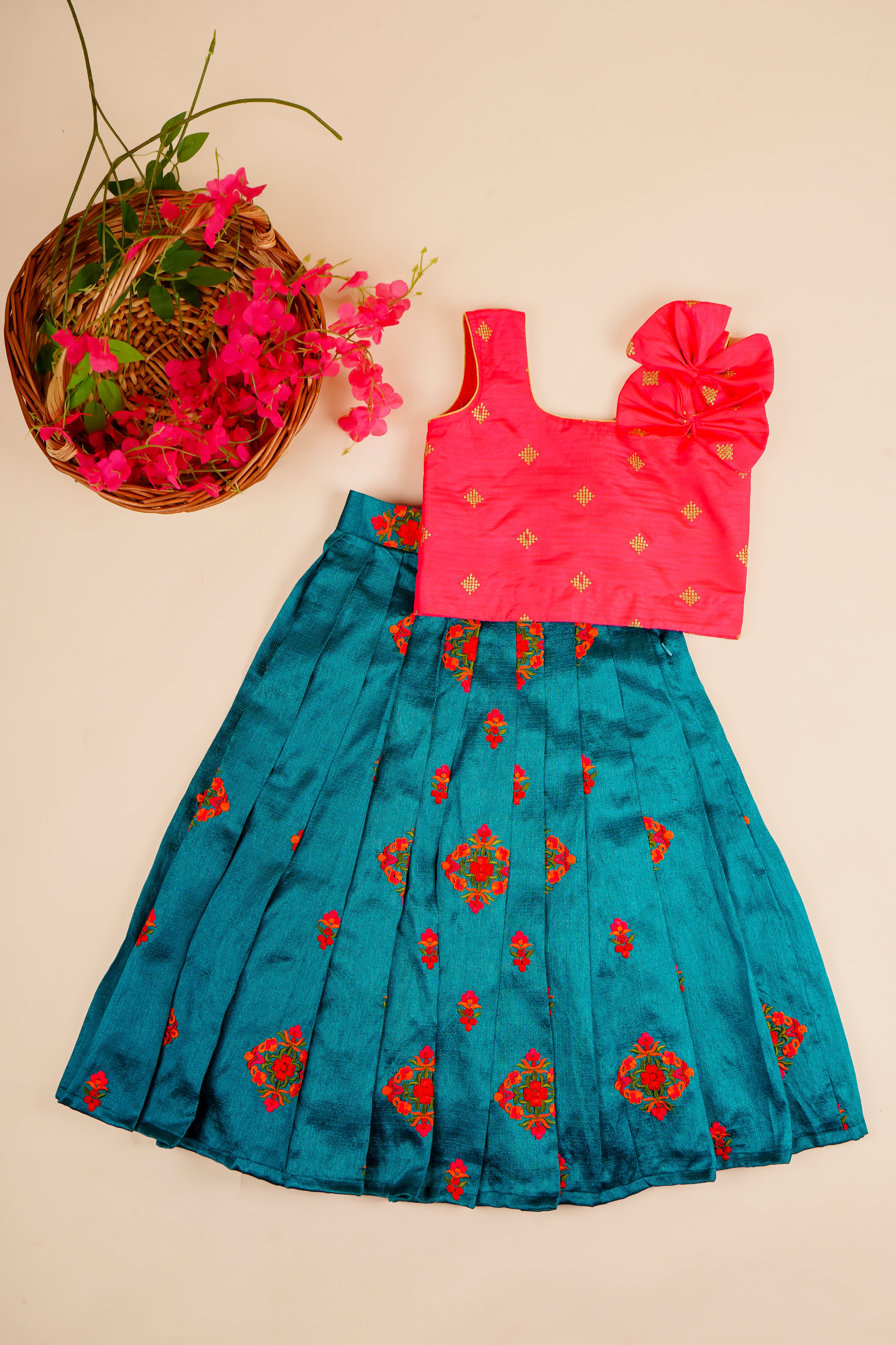 Pre Order : Girls Coral Pink Top with Teal Blue Skirt – Festive Ethnic Wear Set