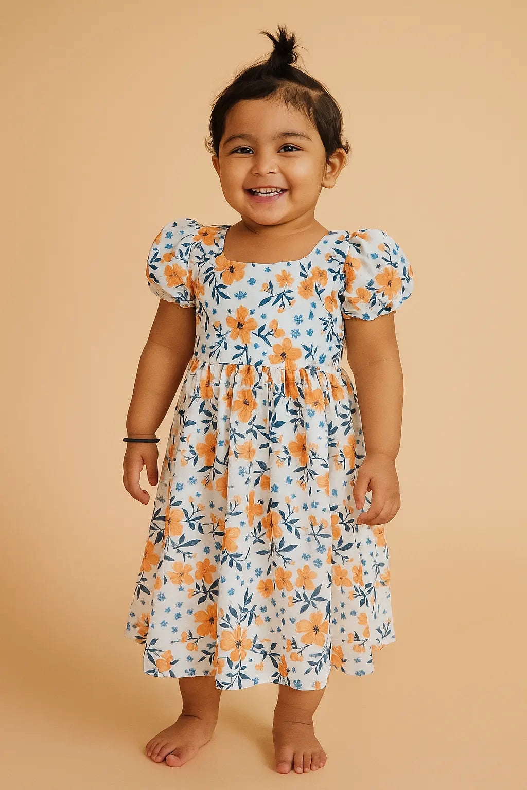 White Floral Georgette Puff Sleeve Dress for Girls