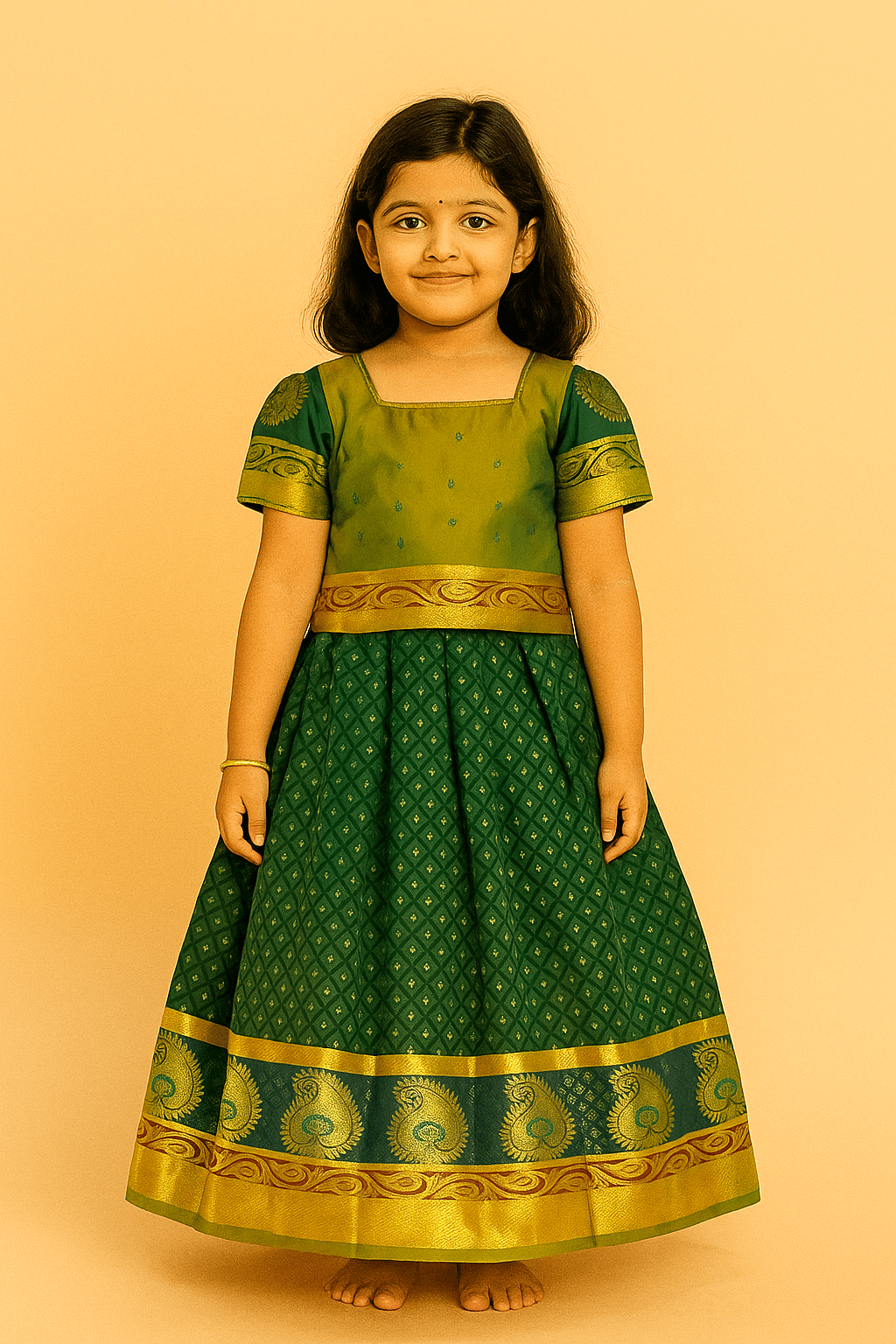 Girls’ Green Pattu Pavadai with Brocade Skirt & Golden Border