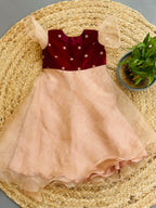Elegant Maroon Velvet and Beige Organza Party Dress for Baby Girls